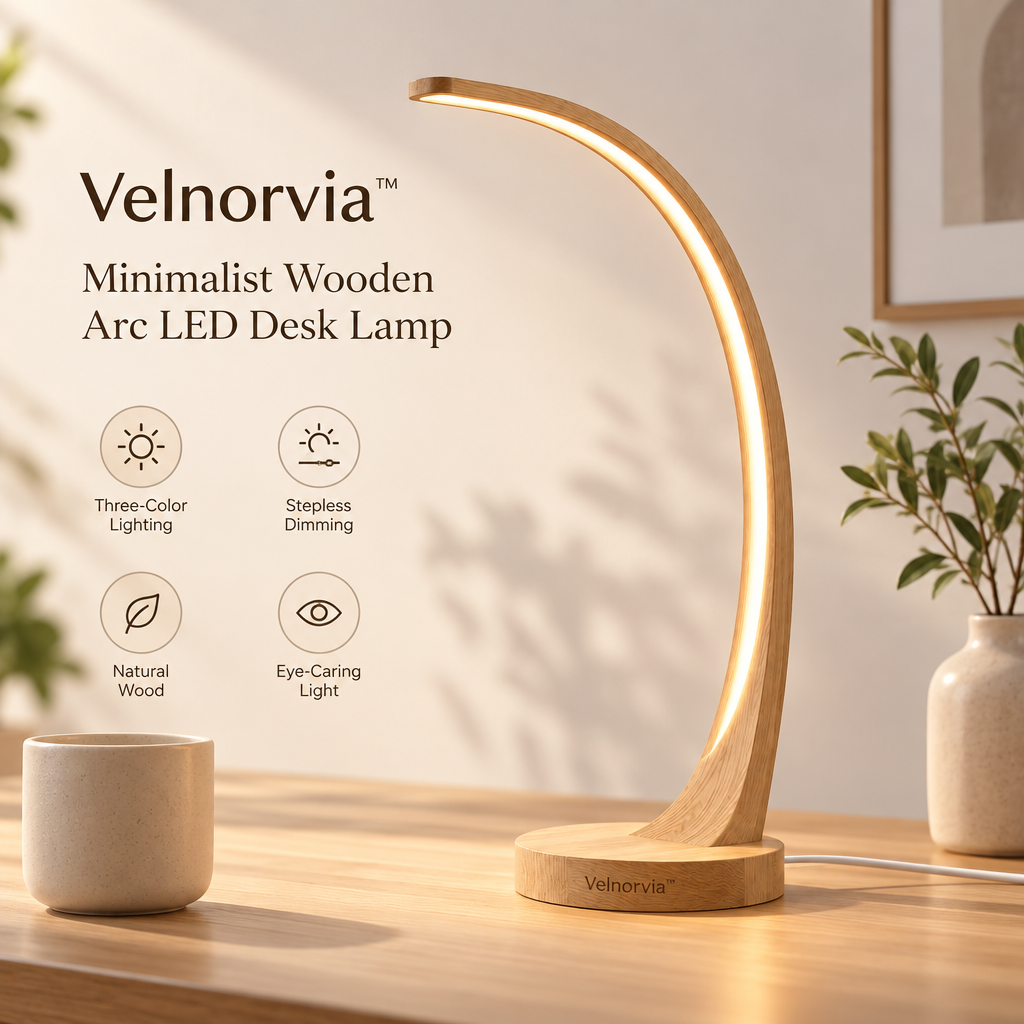 Elowen Wooden Arc LED Desk Lamp brand hero