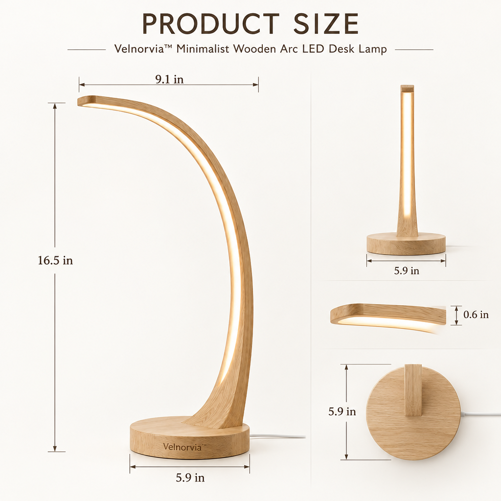 Elowen Wooden Arc LED Desk Lamp dimensions