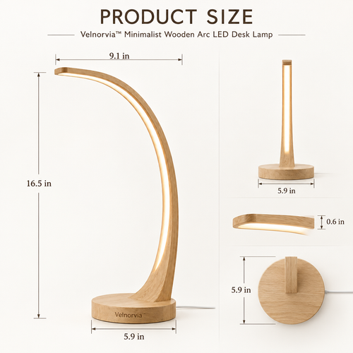 Elowen Wooden Arc LED Desk Lamp dimensions