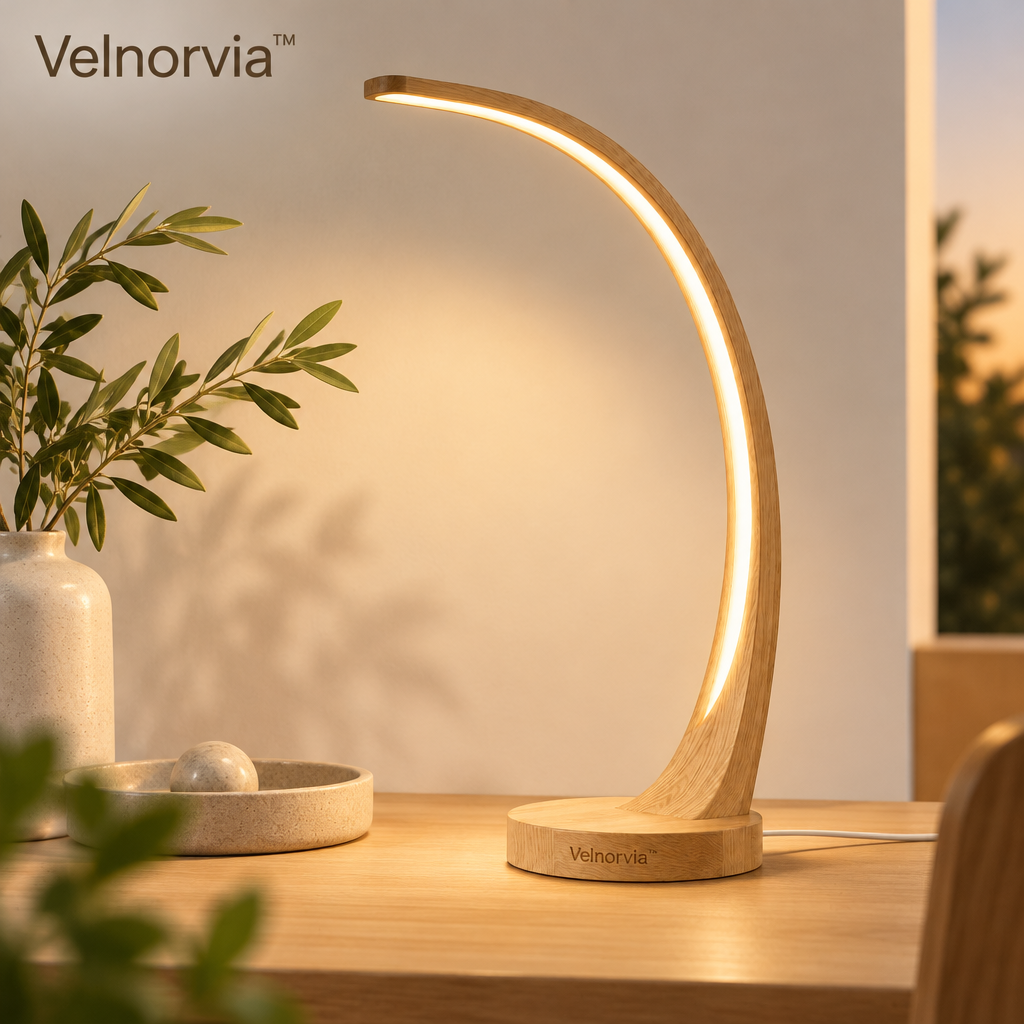Elowen Wooden Arc LED Desk Lamp lifestyle