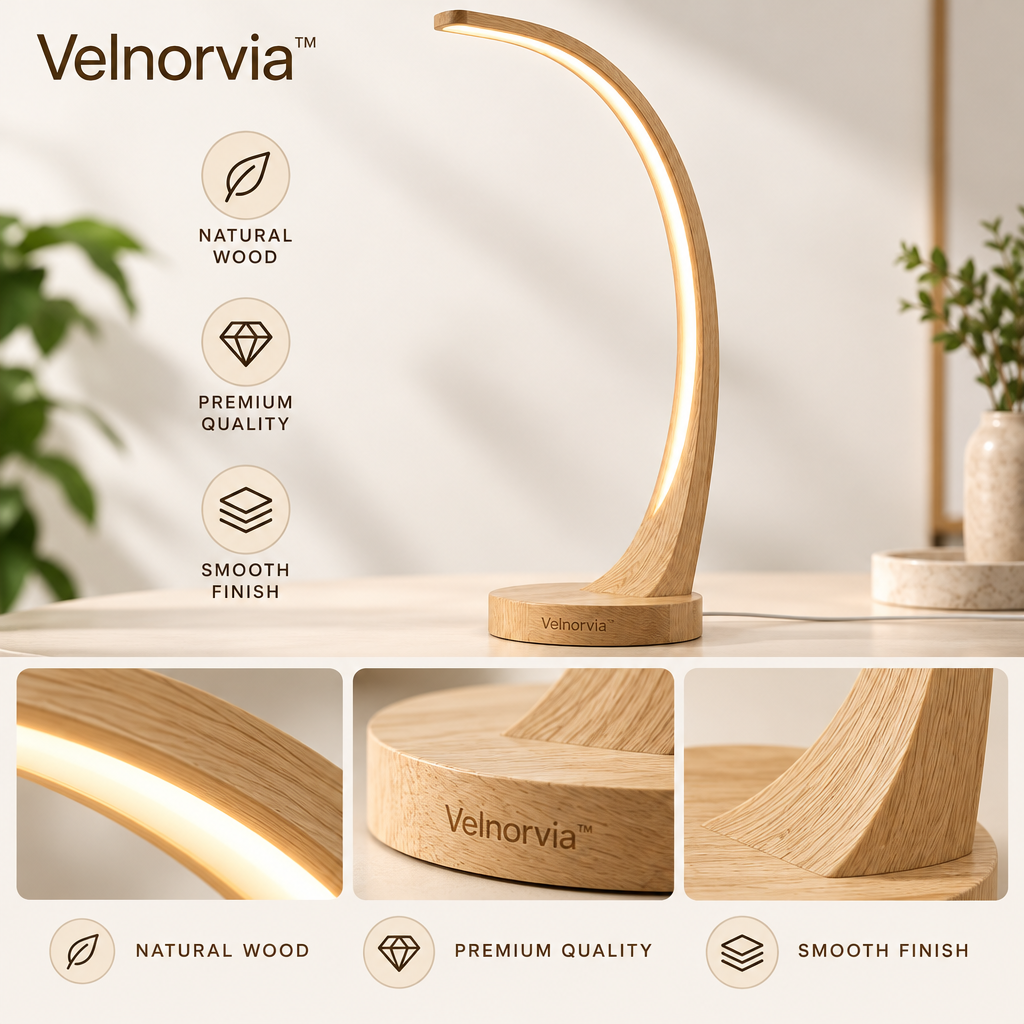 Elowen Wooden Arc LED Desk Lamp materials and structure